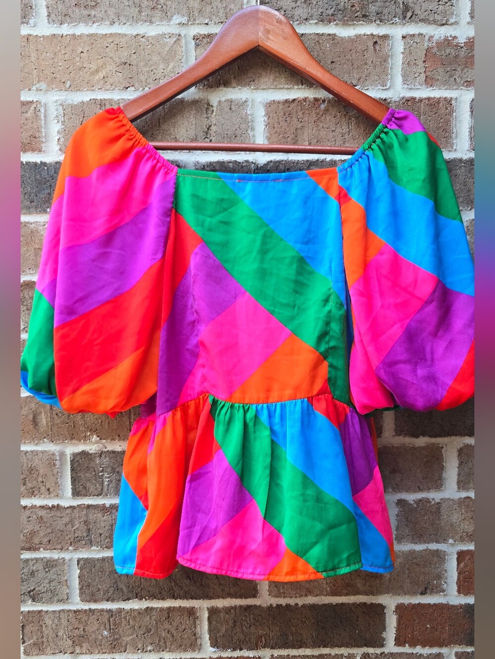 Skies Are Blue Multicolor Geometric Puff Sleeve Peplum Wrap Top Small - Picture 9 of 13